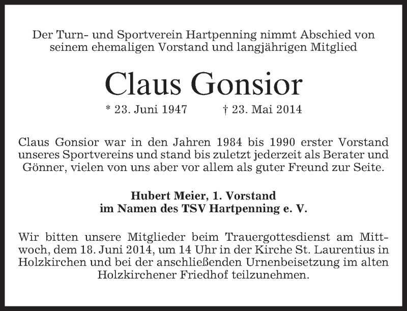  Traueranzeige für Claus Gonsior vom 03.06.2014 aus merkurtz