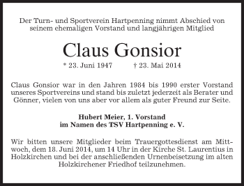 Traueranzeige von Claus Gonsior von merkurtz