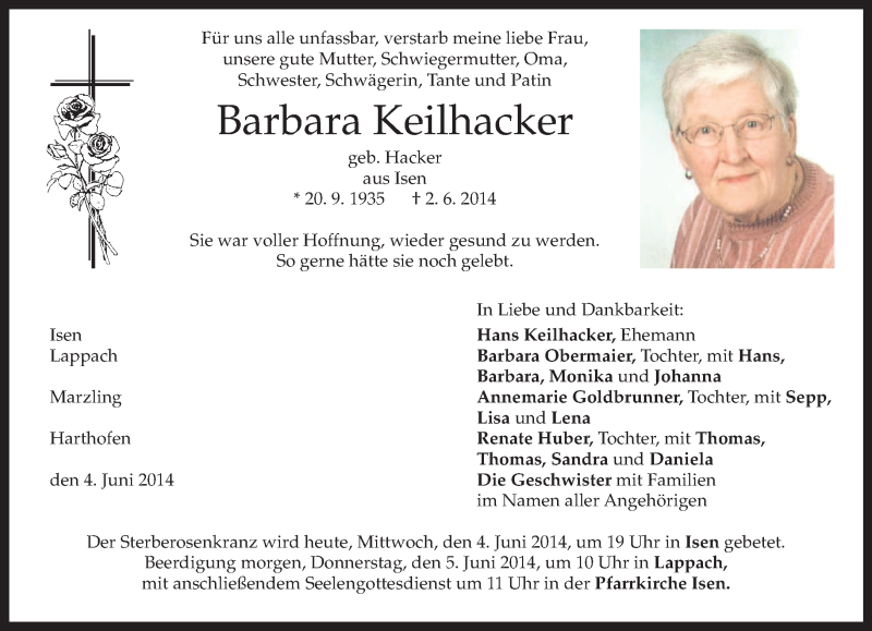  Traueranzeige für Barbara Keilhacker vom 04.06.2014 aus merkurtz
