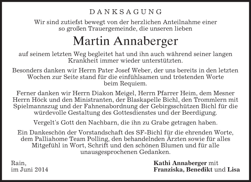  Traueranzeige für Martin Annaberger vom 06.06.2014 aus merkurtz