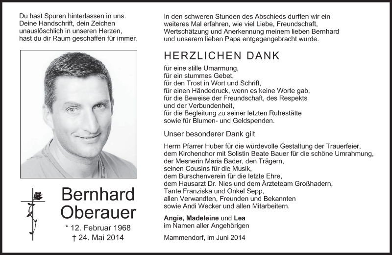  Traueranzeige für Bernhard Oberauer vom 07.06.2014 aus merkurtz