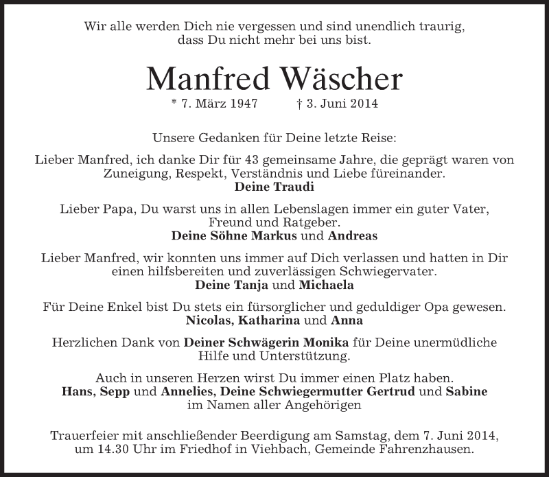 Traueranzeige für Manfred Wäscher vom 06.06.2014 aus merkurtz