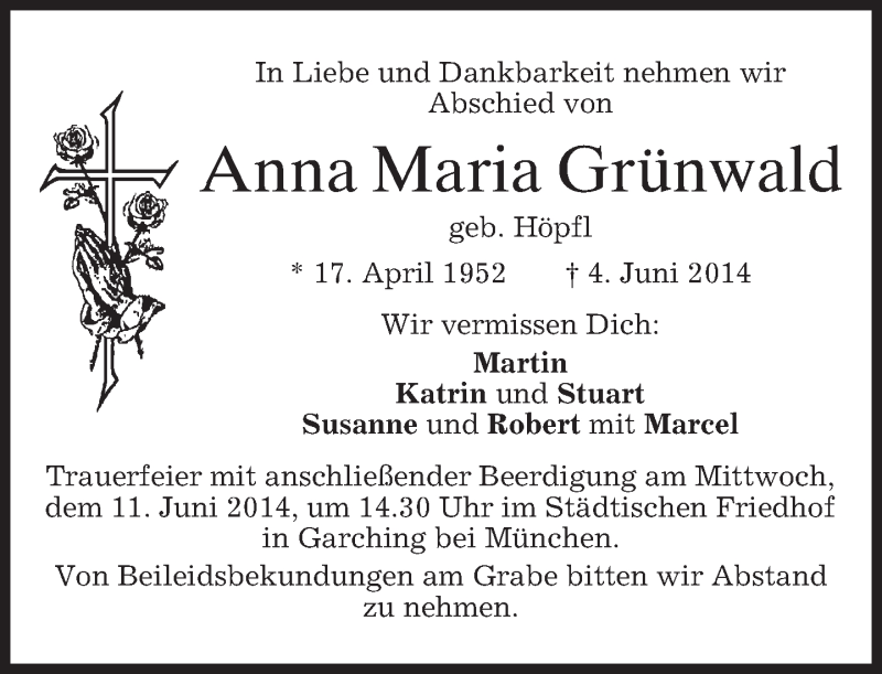  Traueranzeige für Anna Maria Grünwald vom 07.06.2014 aus merkurtz