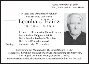 Traueranzeige von Leonhard Hainz von merkurtz