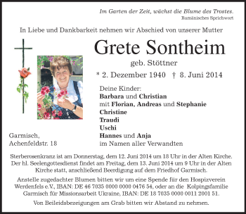 Traueranzeige von Grete Sontheim von merkurtz