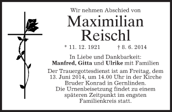 Traueranzeige von Maximilian Reischl von merkurtz
