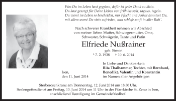 Traueranzeige von Elfriede Nußrainer von merkurtz
