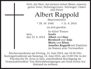 Traueranzeige von Albert Rappold von merkurtz