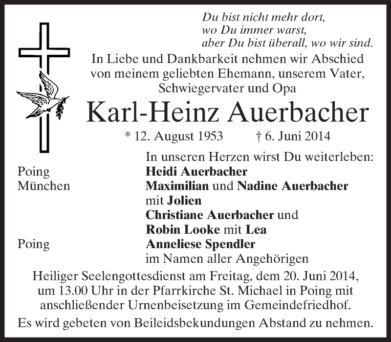  Traueranzeige für Karl-Heinz Auerbacher vom 16.06.2014 aus merkurtz