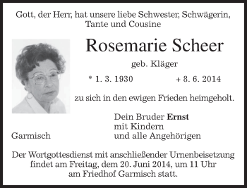 Traueranzeige von Rosemarie Scheer von merkurtz