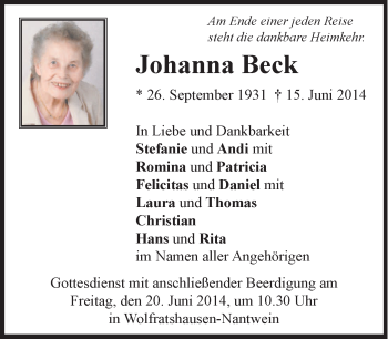 Traueranzeigen von Johanna Beck | trauer.merkur.de