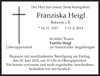 Traueranzeigen von Franziska Heigl | trauer.merkur.de