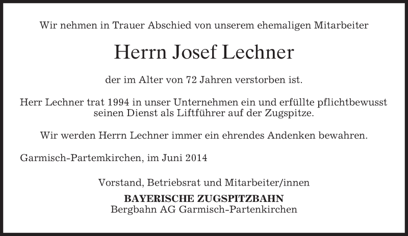  Traueranzeige für Josef Lechner vom 20.06.2014 aus merkurtz