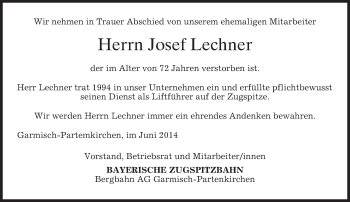 Traueranzeige von Josef Lechner von merkurtz