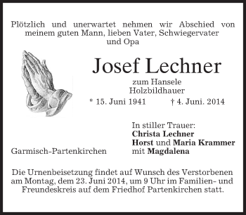 Traueranzeige von Josef Lechner von merkurtz