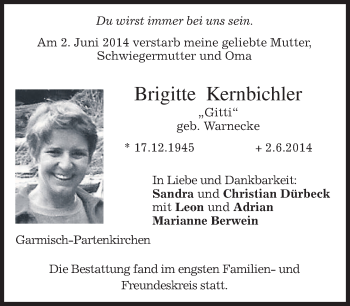 Traueranzeige von Brigitte Kernbichler von merkurtz