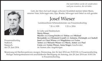 Traueranzeige von Josef Wieser von merkurtz