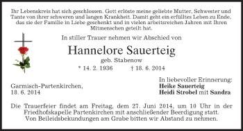Traueranzeige von Hannelore Sauerteig von merkurtz
