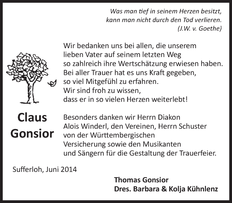  Traueranzeige für Claus Gonsior vom 28.06.2014 aus merkurtz