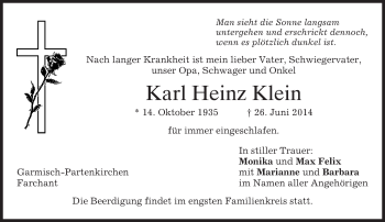 Traueranzeige von Karl Heinz Klein von merkurtz