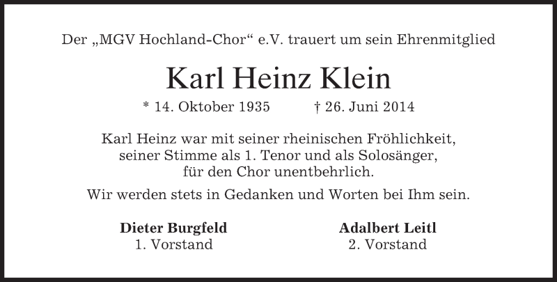  Traueranzeige für Karl Heinz Klein vom 30.06.2014 aus merkurtz