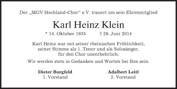 Traueranzeige von Karl Heinz Klein von merkurtz