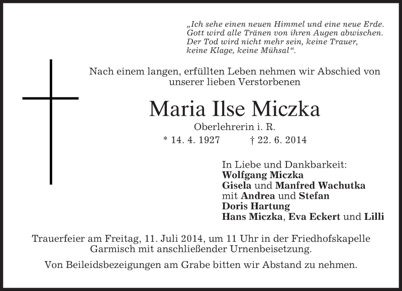  Traueranzeige für Maria Ilse Miczka vom 08.07.2014 aus merkurtz