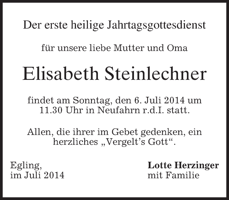  Traueranzeige für Elisabeth Steinlechner vom 05.07.2014 aus merkurtz