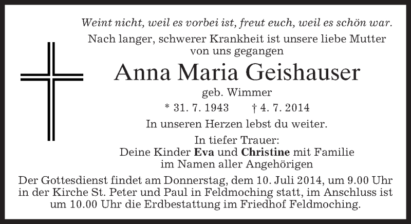 Traueranzeigen von Anna Maria Geishauser | trauer.merkur.de