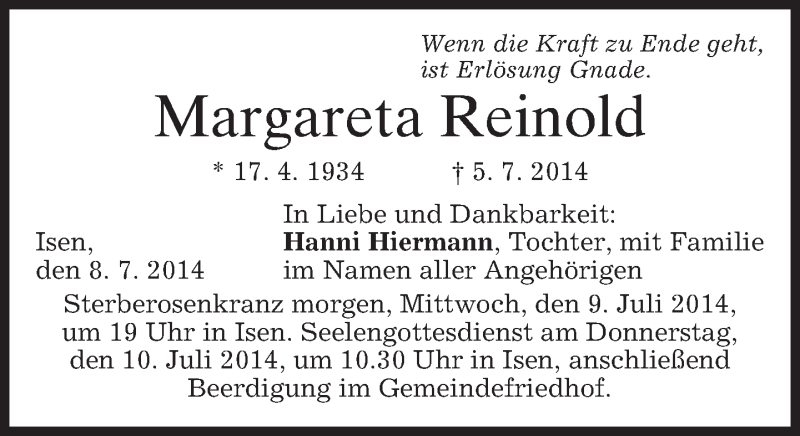  Traueranzeige für Margareta Reinold vom 08.07.2014 aus merkurtz