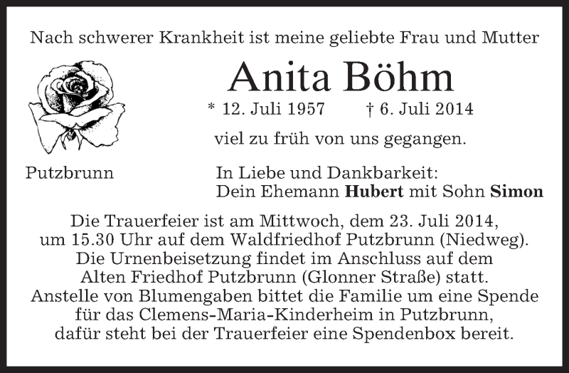  Traueranzeige für Anita Böhm vom 12.07.2014 aus merkurtz