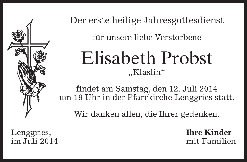  Traueranzeige für Elisabeth Probst vom 11.07.2014 aus merkurtz