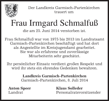 Traueranzeige von Irmgard Schmalfuß von merkurtz