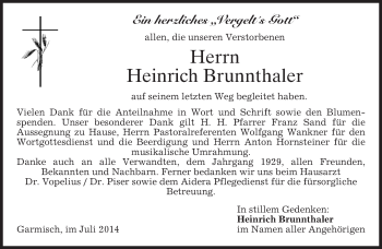 Traueranzeige von Heinrich Brunnthaler von merkurtz