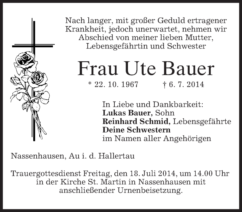  Traueranzeige für Ute Bauer vom 12.07.2014 aus merkurtz