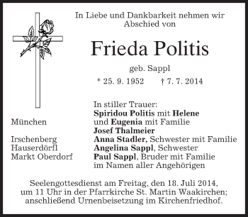 Traueranzeige von Frieda Politis von merkurtz