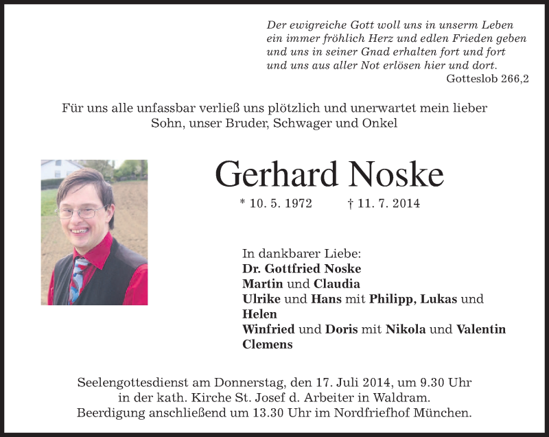  Traueranzeige für Gerhard Noske vom 15.07.2014 aus merkurtz