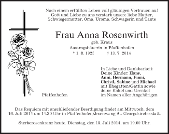 Traueranzeige von Anna Rosenwirth von merkurtz