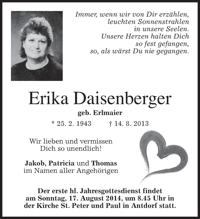  Traueranzeige für Erika Daisenberger vom 09.08.2014 aus merkurtz