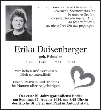 Traueranzeige von Erika Daisenberger von merkurtz
