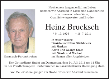 Traueranzeige von Heinz Brucksch von merkurtz