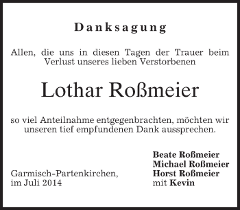 Traueranzeige von Lothar Roßmeier von merkurtz