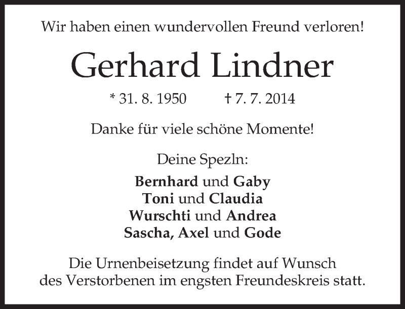  Traueranzeige für Gerhard Lindner vom 25.07.2014 aus merkurtz