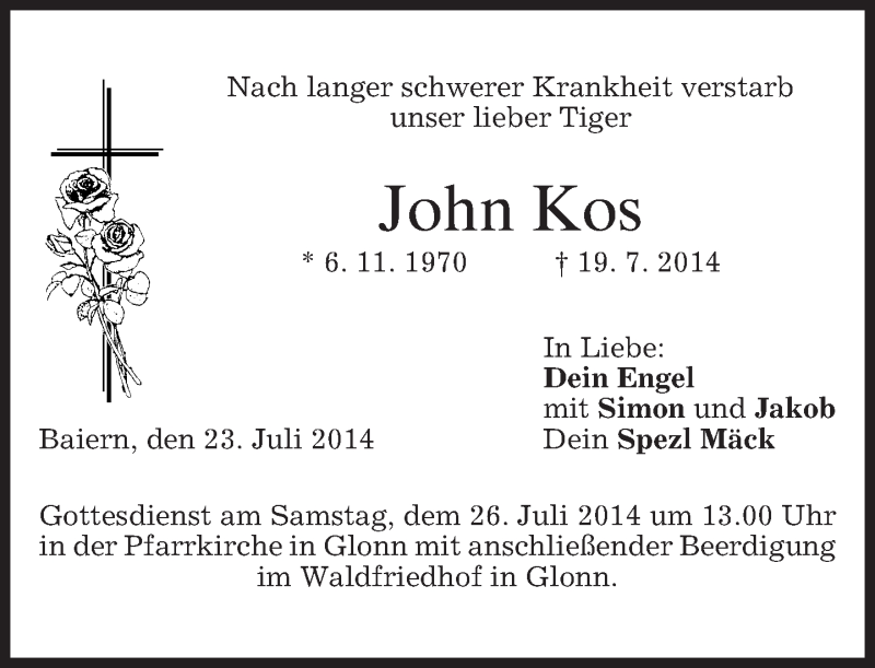  Traueranzeige für John Kos vom 23.07.2014 aus merkurtz