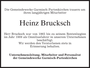 Traueranzeige von Heinz Brucksch von merkurtz