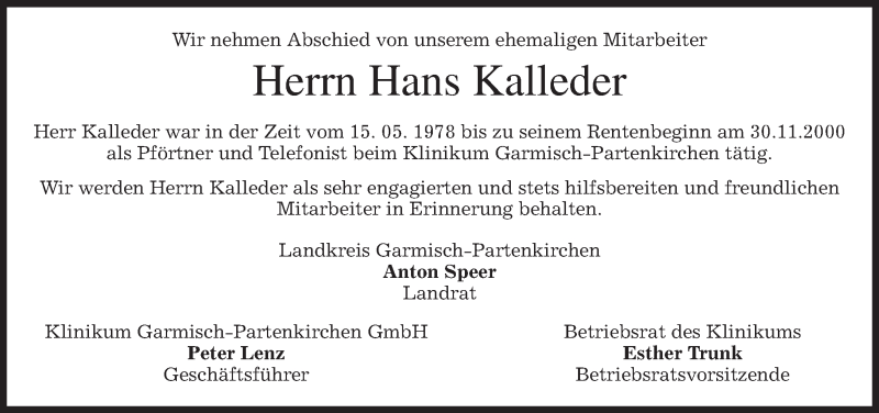  Traueranzeige für Hans Kalleder vom 25.07.2014 aus merkurtz