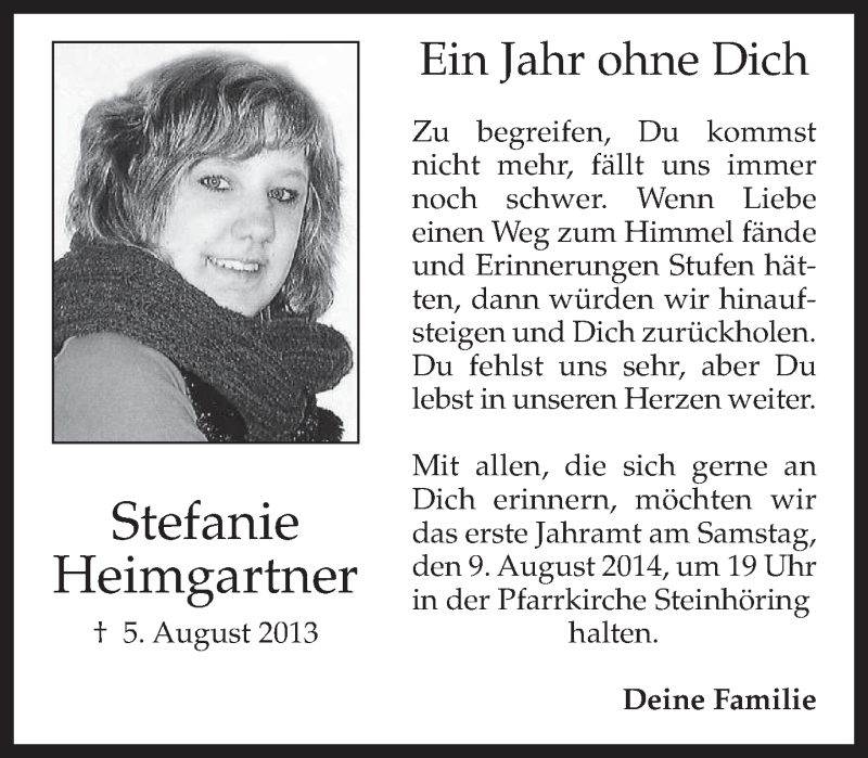  Traueranzeige für Stefanie Heimgartner vom 05.08.2014 aus merkurtz