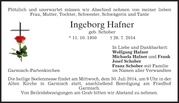 Traueranzeige von Ingeborg Hafner von merkurtz