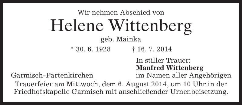  Traueranzeige für Helene Wittenberg vom 02.08.2014 aus merkurtz