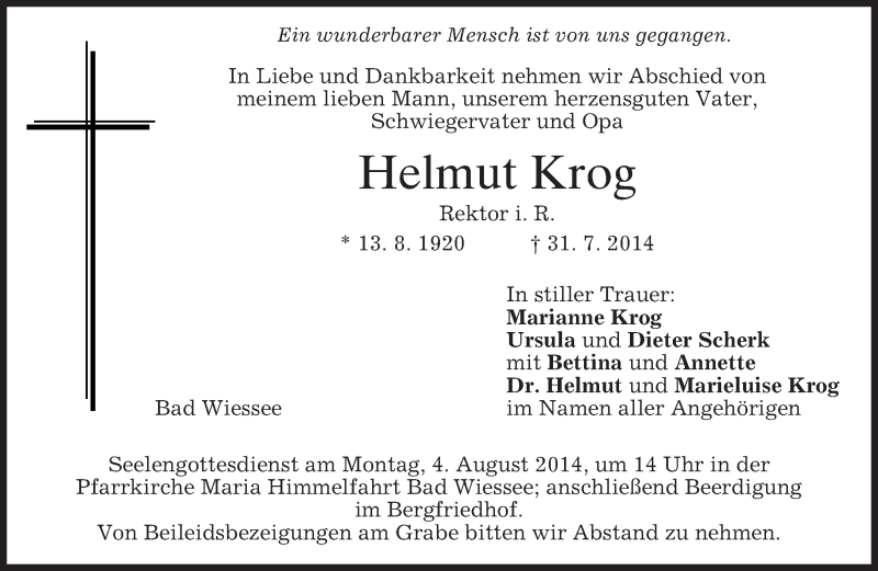  Traueranzeige für Helmut Krog vom 01.08.2014 aus merkurtz